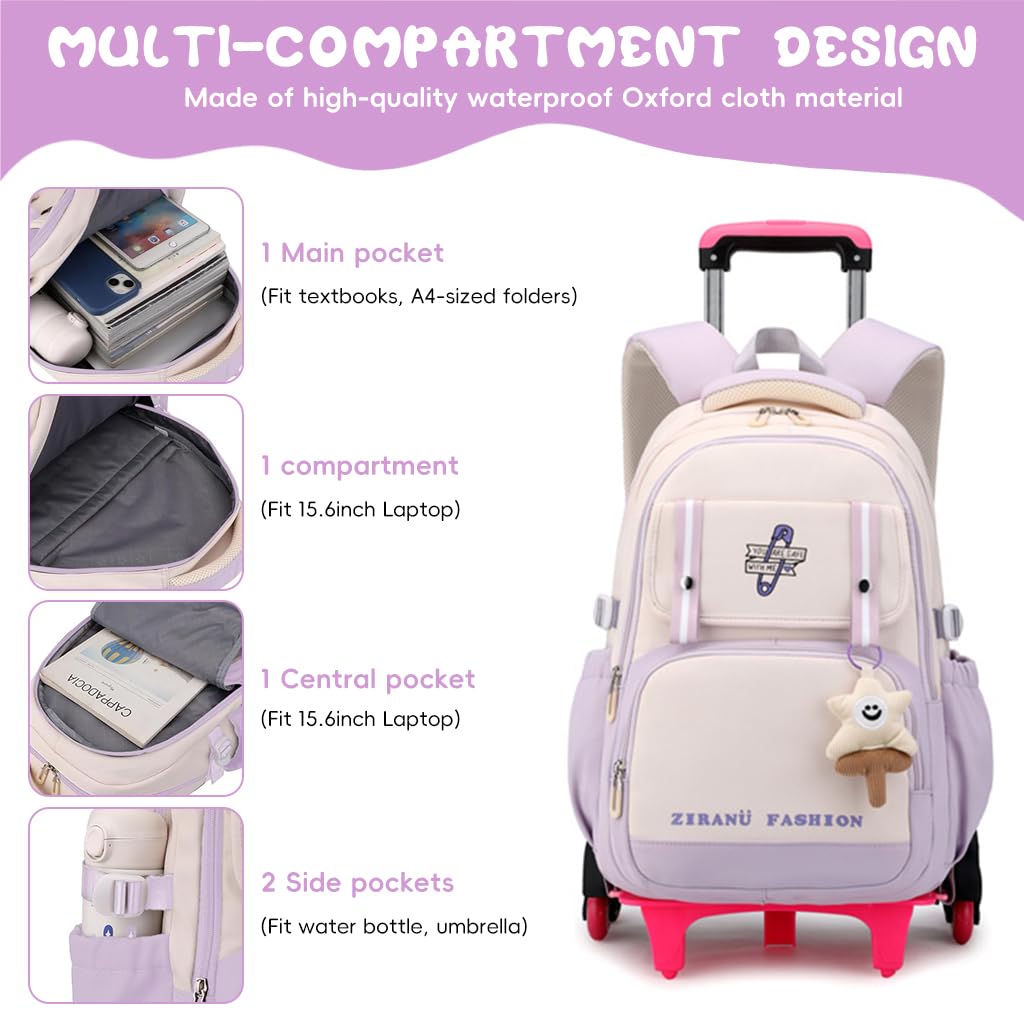PALAY School Bag for Girls with 6 Wheels featuring Removable Trolley Stand and Handle Bar