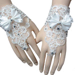 PALAY® Bridal Gloves White for Wedding Lady Formal Banquet Party Bride Bowknot Rhinestone Pierced Lace Wedding