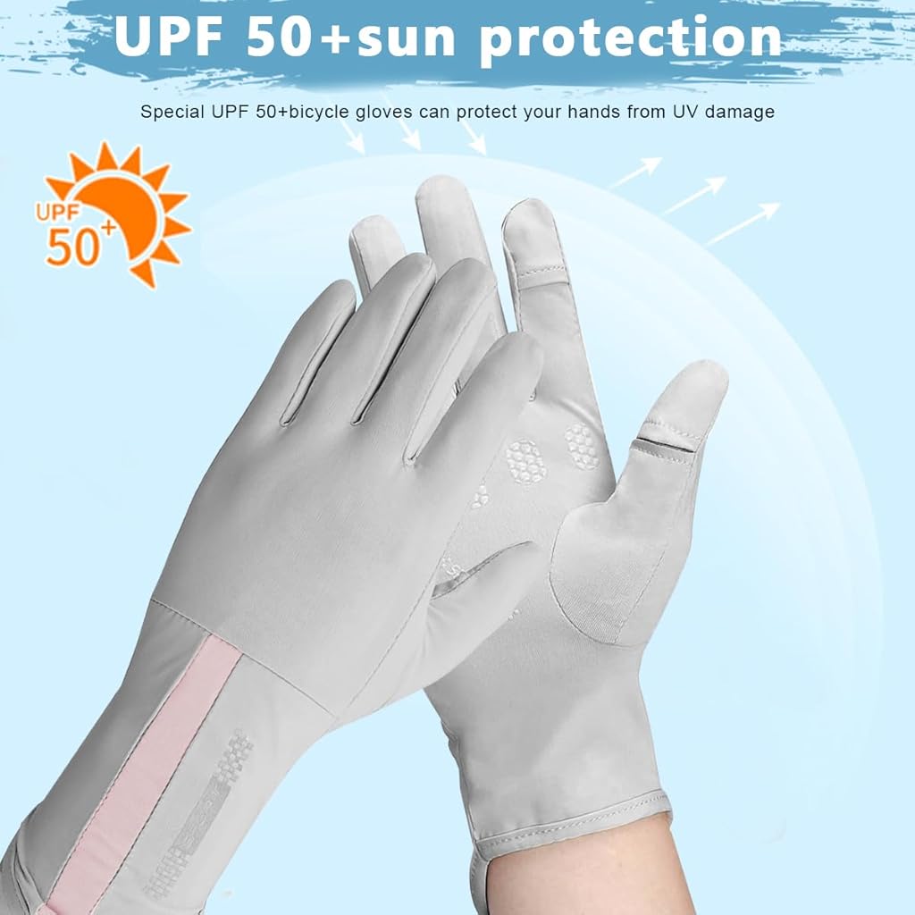PALAY® Hand Gloves for Bike Riding UV Sun Protection for Women Non-Slip Touch Screen Design UPF 50 Plus Outdoor Fishing Grey 2PCS