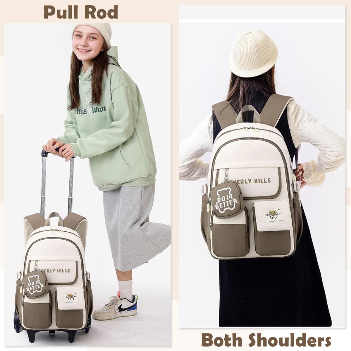 PALAY School Backpack with Wheels for Kids featuring Detachable 6-Wheel Trolley | Khaki Design