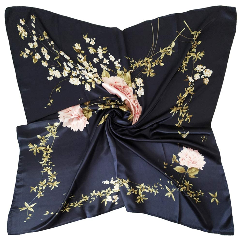 PALAY Square Scarf for Women with Silk Like Satin Finish 35 x 35 in Navy Blue | Versatile Head wrap and Neck Accessory