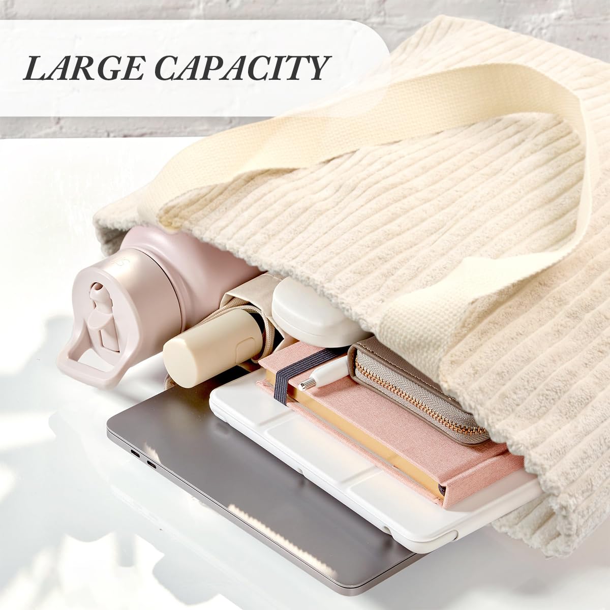 PALAY Corduroy Tote Bag for Everyday Use with Zipper and Nylon Straps 37x10x34cm Beige