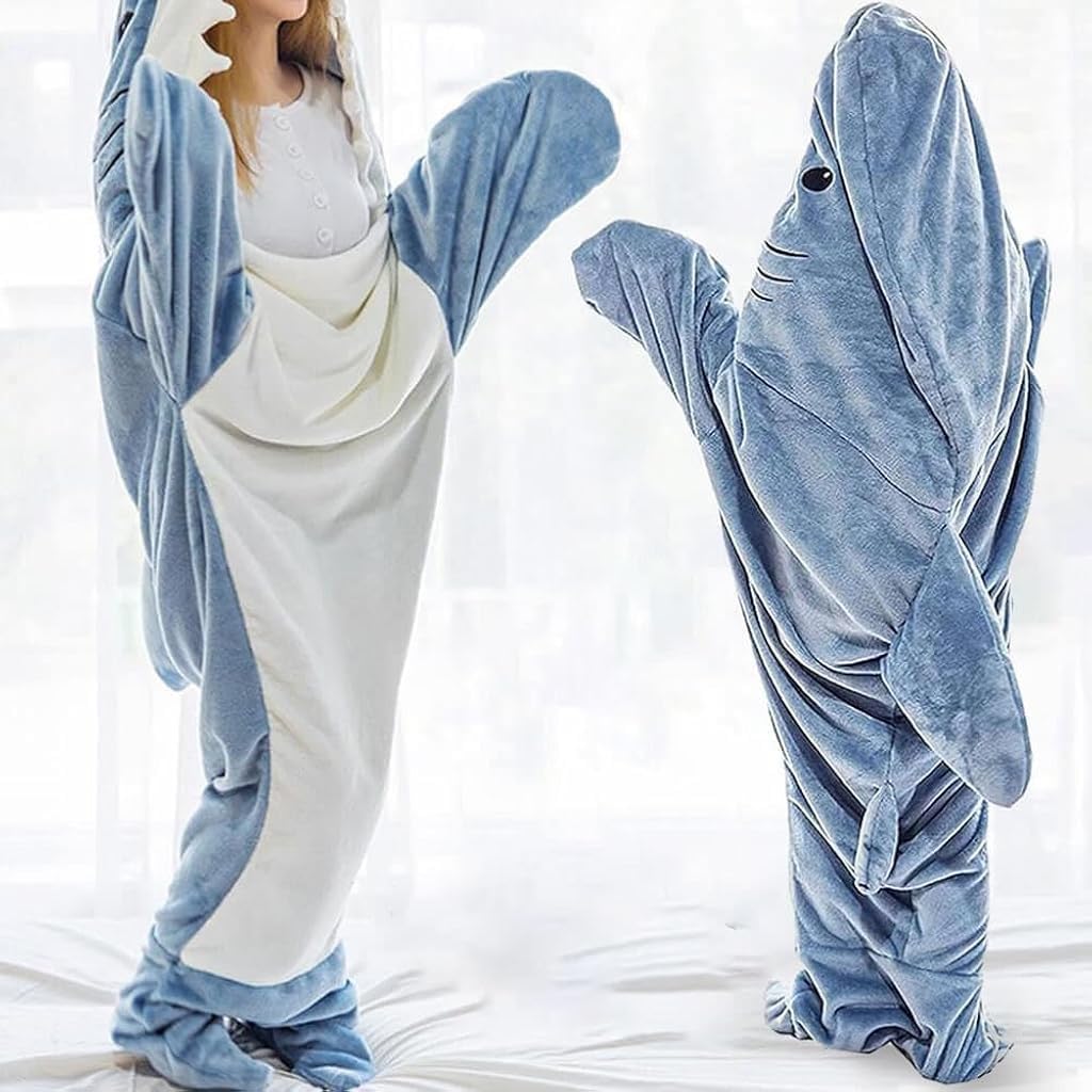 PALAY® Shark Blanket Pajamas for Women Men Adult Warm Fleece Blanket Soft Plush Shark Wearable Blanket Hoodie Onesie Shark Sleeping Bag Pajamas Party Halloween Costumes - L