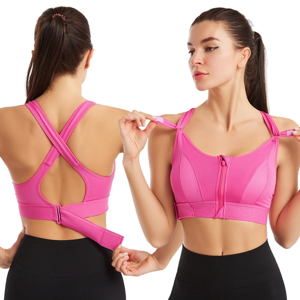 PALAY Sports Bra for Women with Front Zip Racerback Support and Pink Polyester Fabric