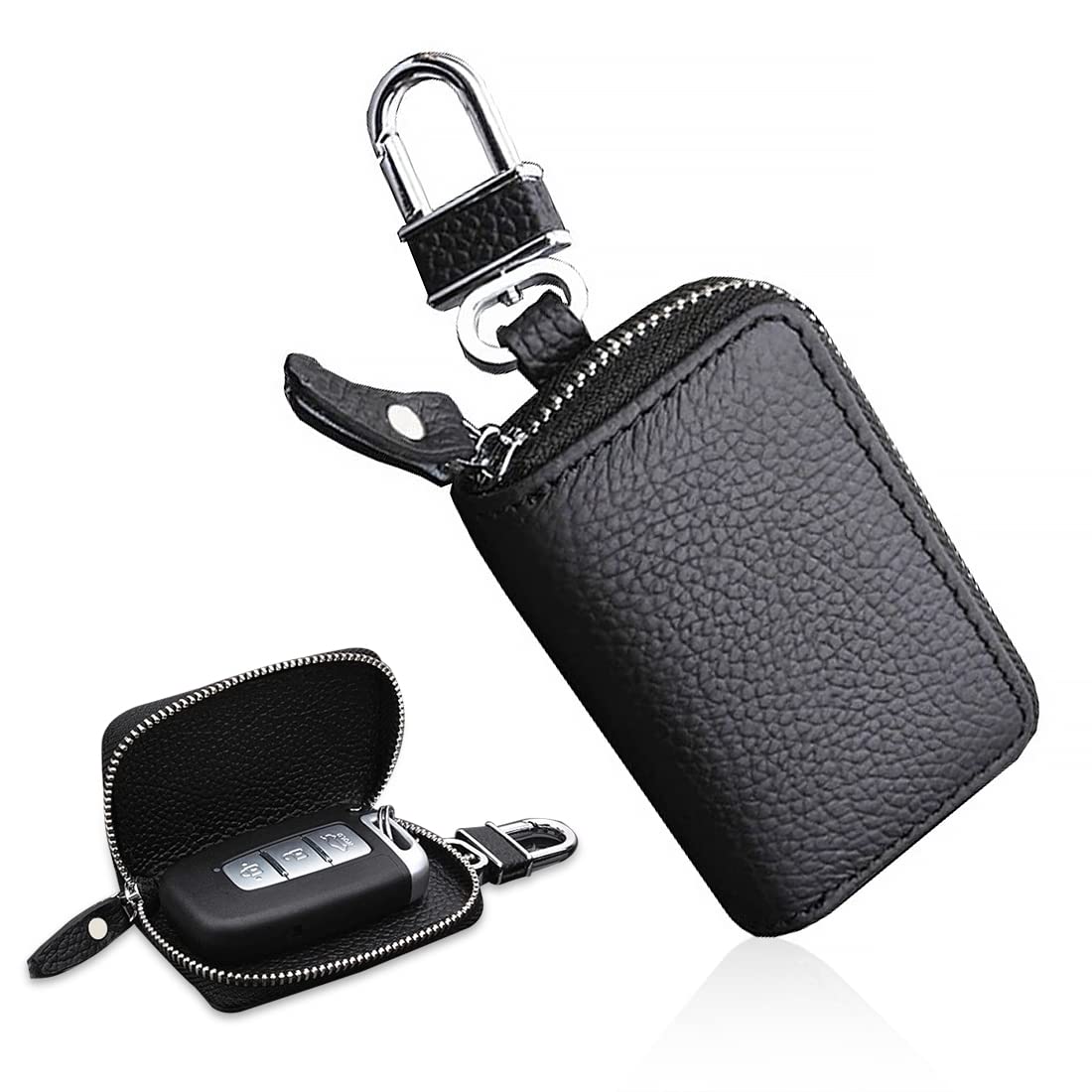 PALAY Car Key Case for Smart Key Fob with O Ring Chain 8 x 5 x 3 cm Genuine Leather Black