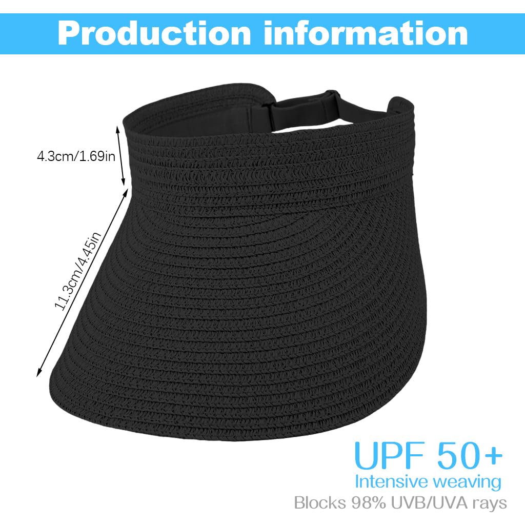 PALAY Womens Sun Straw Hat for Beach and Travel with UPF 50+ Wide Brim | Black Summer Visor