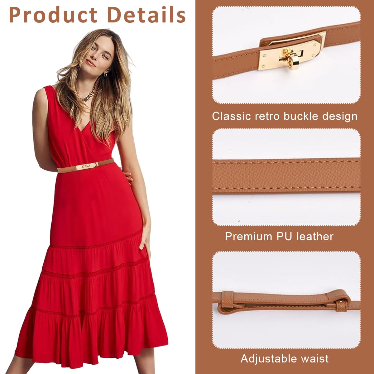 PALAY Waist Belt for Women with Alloy Turn Lock Buckle Brown PU Leather Fit 65–105cm