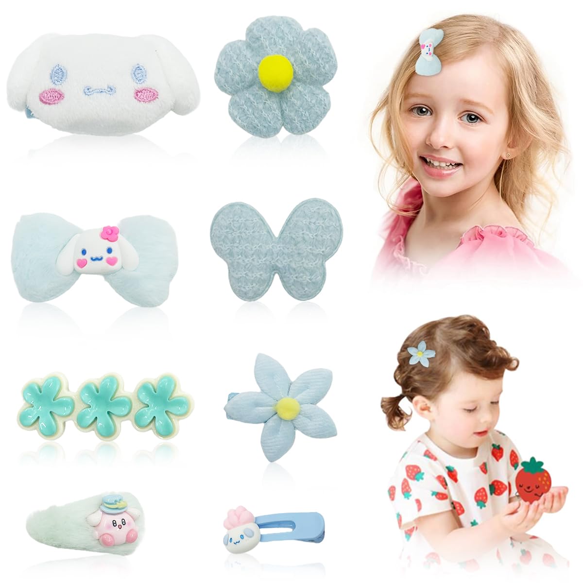 PALAY Cinnamoroll Hair Clips for Girls featuring 8pcs Plush Flower Blue Barrettes | Kawaii Accessory