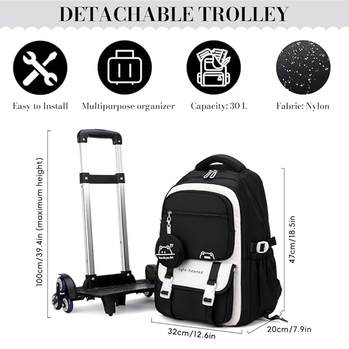 PALAY 30L Trolley School Backpack for Girls with 6 Wheels