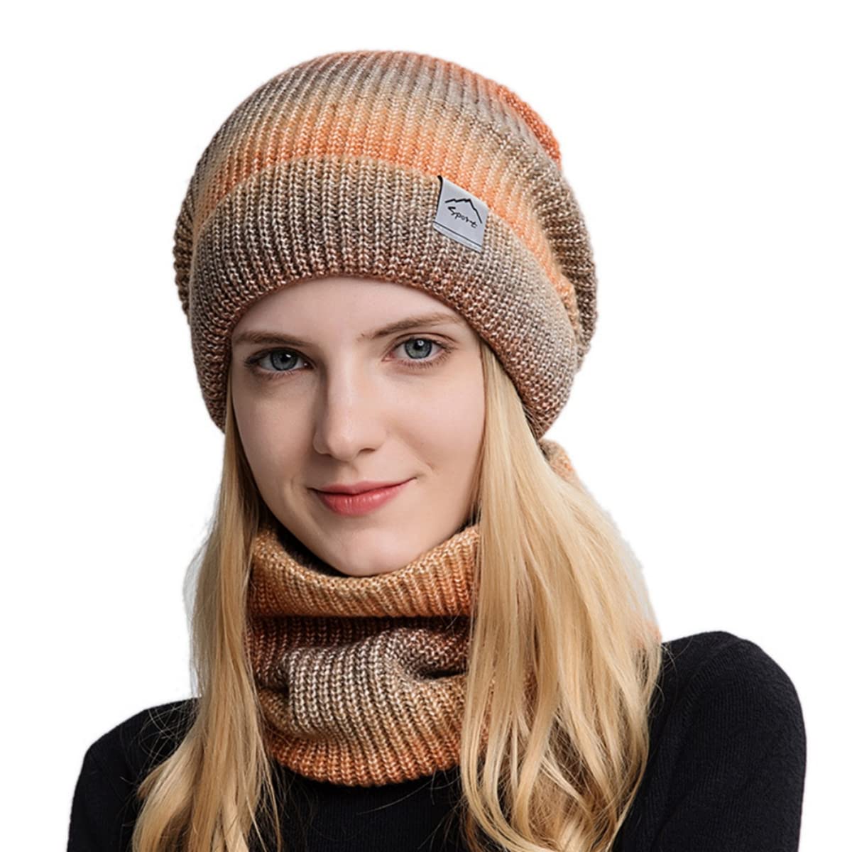 PALAY Winter Cap for Women with Scarf Set for Cold Weather featuring Fleece Lining and Gradient Design | Orange Knitted Acrylic Beanie 25×22cm