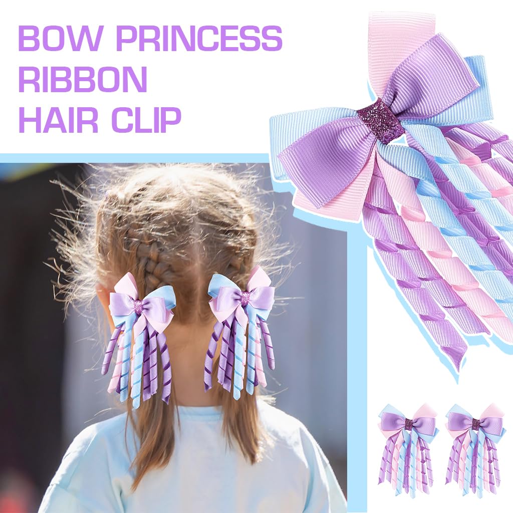 PALAY® 3 Inch Hair Bow Clips Purple Curly Grosgrain Ribbon Hair Clips Handmade Kids Girls Cheer Hair Accessories for School Prom Party