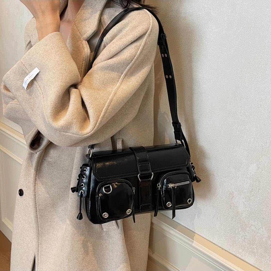 PALAY Shoulder Bag for Women 27x7x16 cm with Braided Sides and Metallic Eyelets | Black PU Hobo