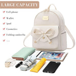 PALAY Girls Leather Backpack for School and Travel with Dual Zippers 22x13x24cm | White Bowknot Purse