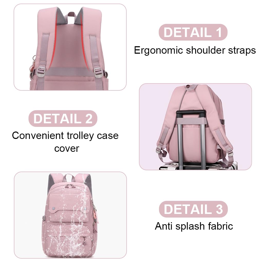 PALAY® School Bag For Girls For 7-12 Year Large Capacity 26L College Backpack For Women And Girls Stylish Water Resistant Trendy Laptop School Bag Travel Multi-Pouches Bagpacker Bag For Women - Pink