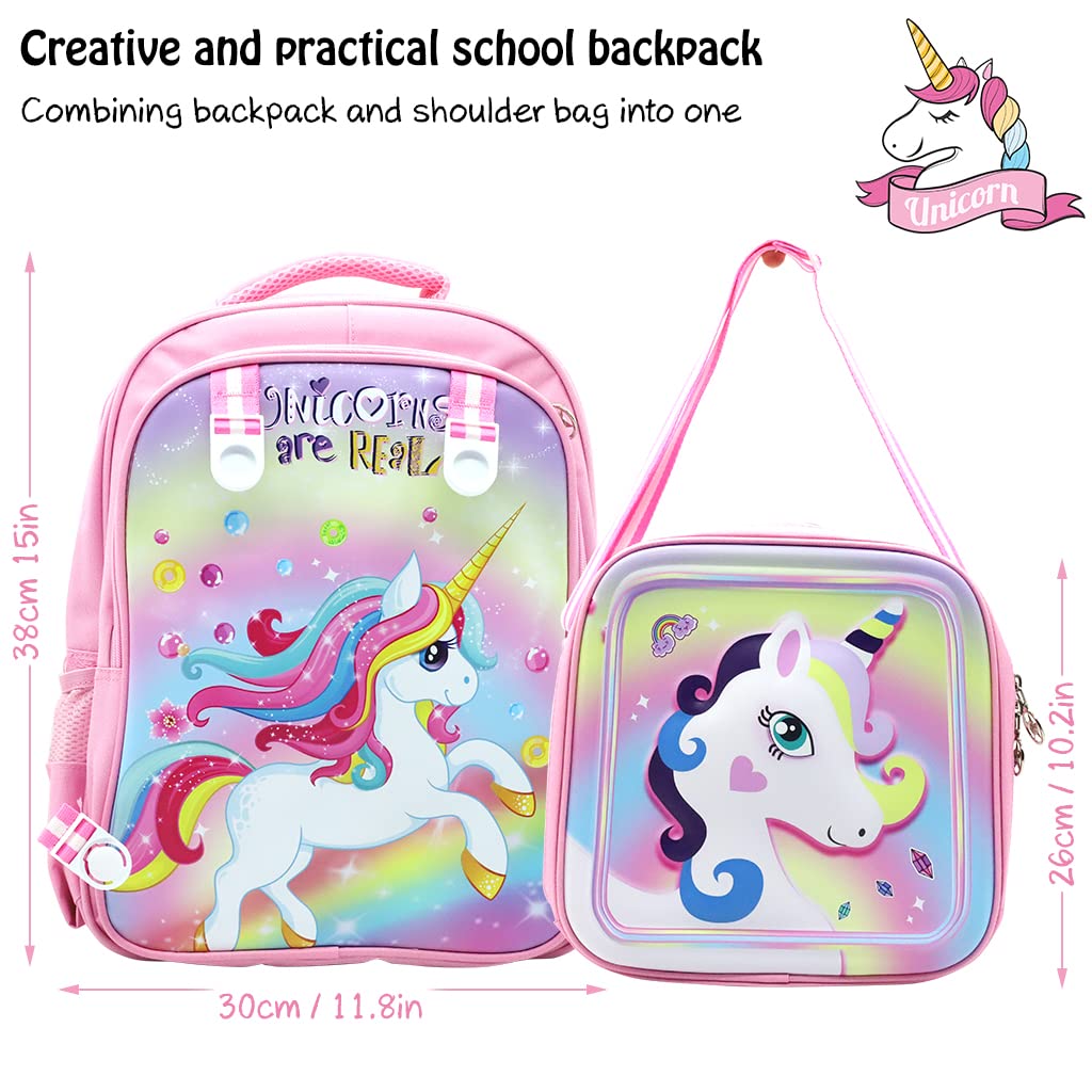 PALAY® 2 in 1 Unicorn Backpack Messenger Bag 16'' Cartoon School Backpack for Girls Gift for Kids Primary (Pink)