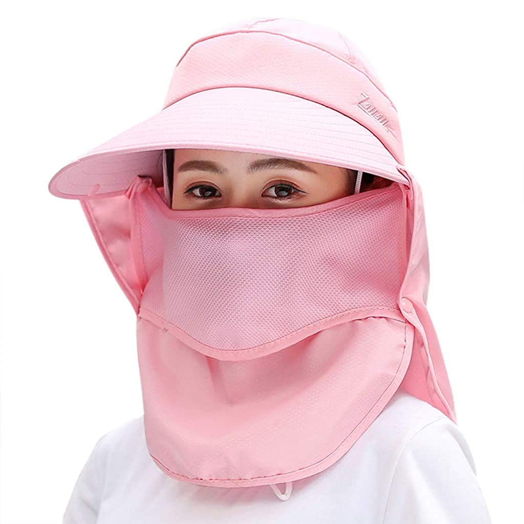 PALAY® Peach Powder Women Sun Wide Brim UV Protection Fishing Hat with Foldable Ponytail Summer Hats with Detachable Flaps