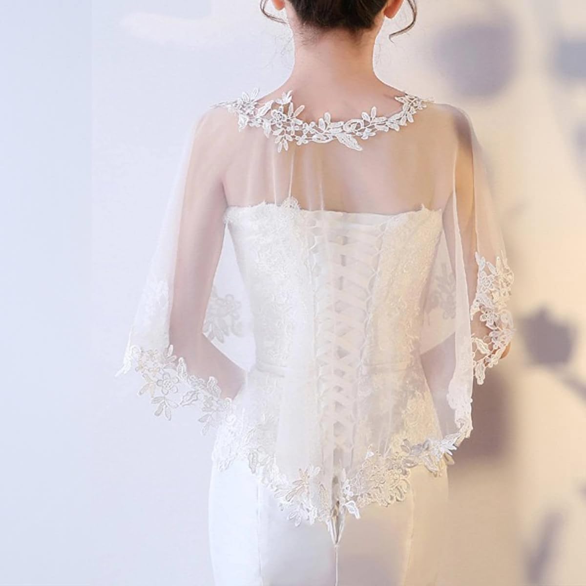 PALAY Lace Shawl for Wedding Dress featuring Sheer White Embroidery | Elegant Wrap for Women