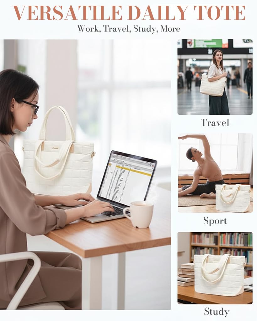 PALAY Tote Bag for Women with 15.6 in Laptop Compartment featuring Removable Strap | White Quilted Style