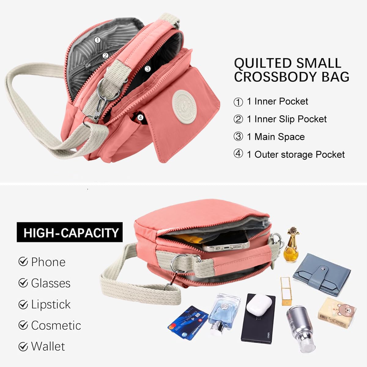PALAY Womens Crossbody Bag for Travel with Triple Zipper Layers 21x10x18cm Waterproof Pink