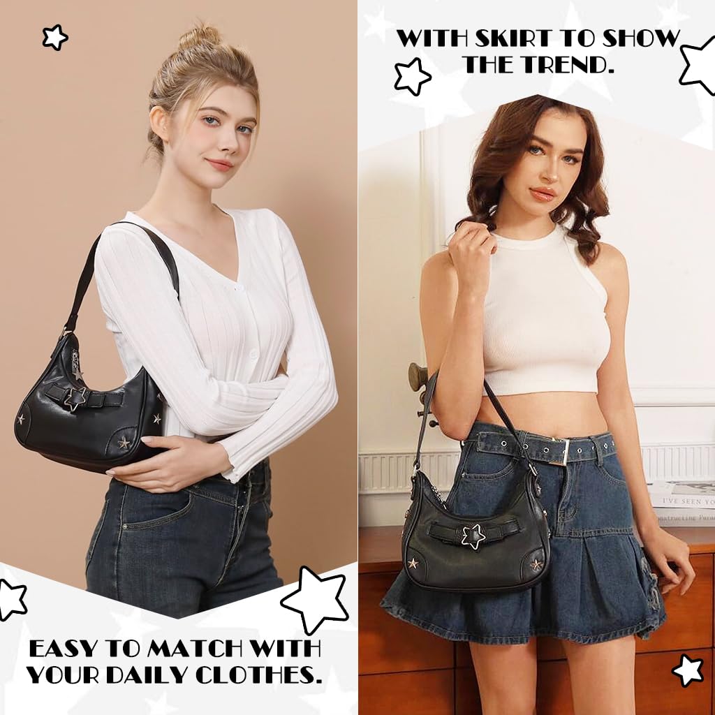 PALAY Shoulder Bag for Evening and Casual Use with Star Rivets 21.5x5.7x11cm Black | PU Handbag for Women