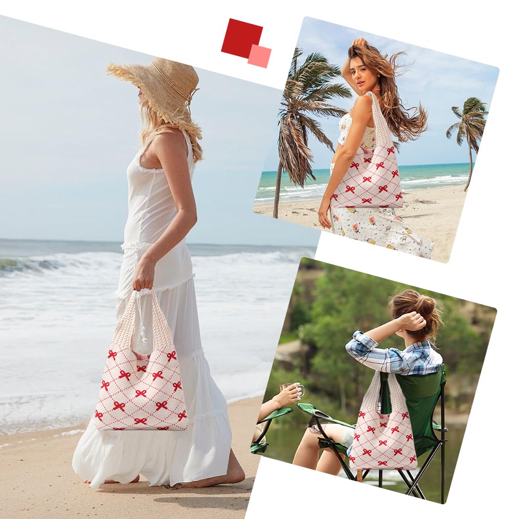 PALAY Crochet Tote Bag for Women featuring Red Bow Design and 35x36cm Knitted Style | Lightweight Shoulder Handbag for Travel