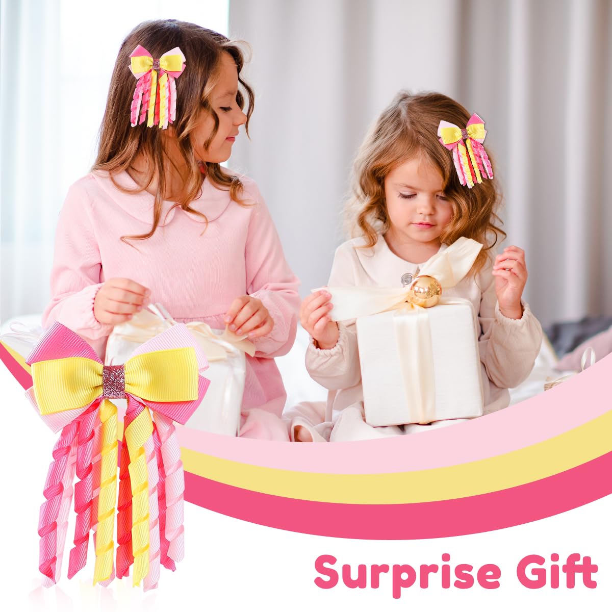 PALAY Ribbon Bow Hair Clips for Girls with Curly Tails in Pink and Golden | 2 Pcs Set