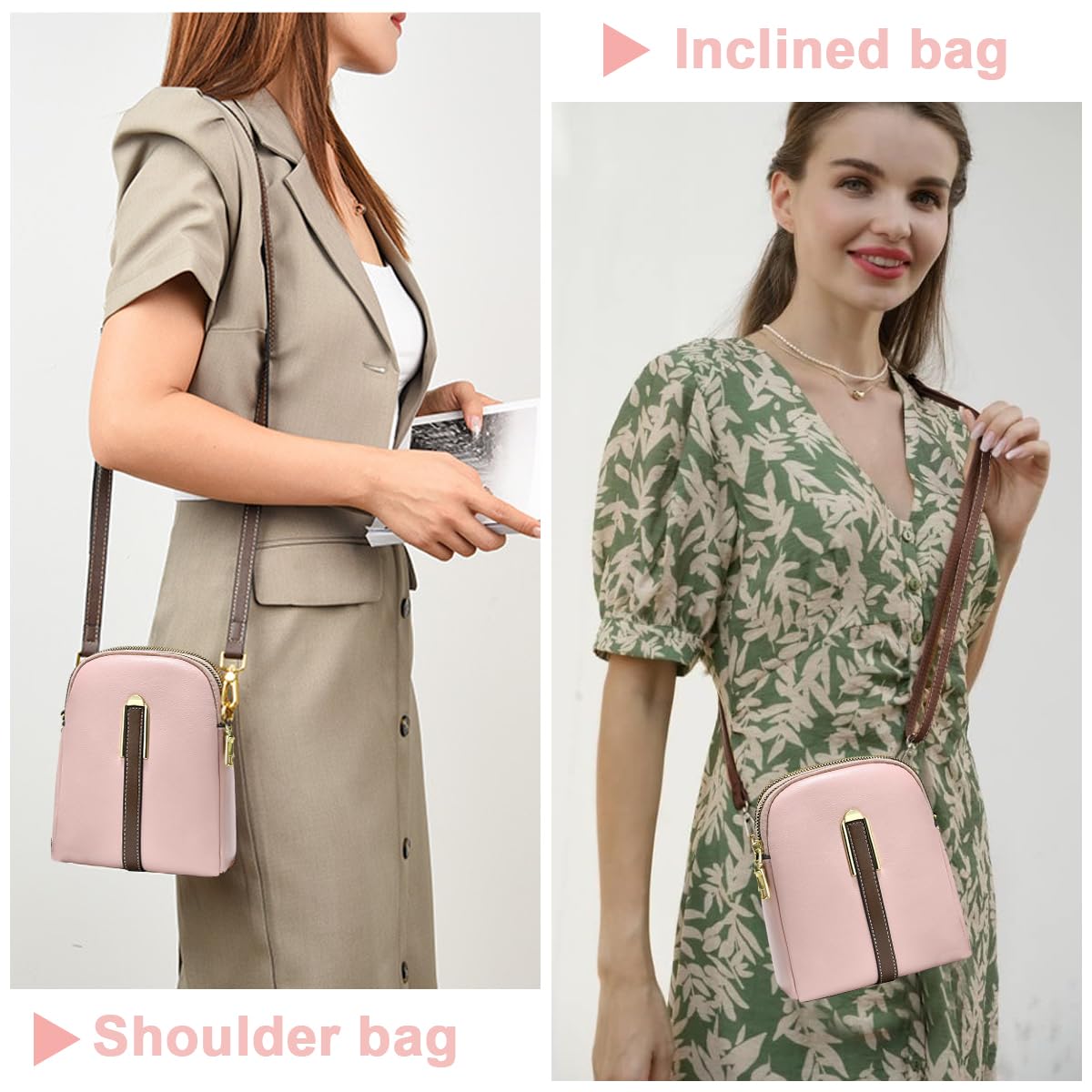 PALAY® Sling Bag Stylish PU Women Crossbody Bag Phone Bag Double Layer Daily Bag with Detachable Shoulder Belt Casual Shoulder Bag with Zipper Pouches Gift for Women, Pink