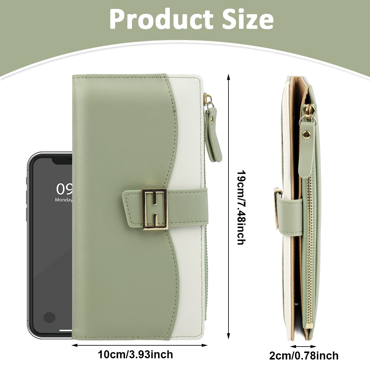 PALAY Women Purse with 11 Card Slots and Snap Button Closure | Mint Green PU Bifold Wallet 19x9.5cm