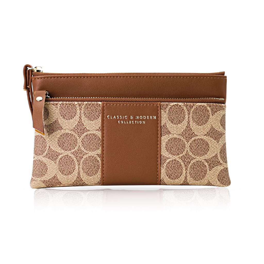PALAY Women's Wristlet Clutch Wallet with Zipper Pouches and Hand Strap | PU Brown 18.7x11cm