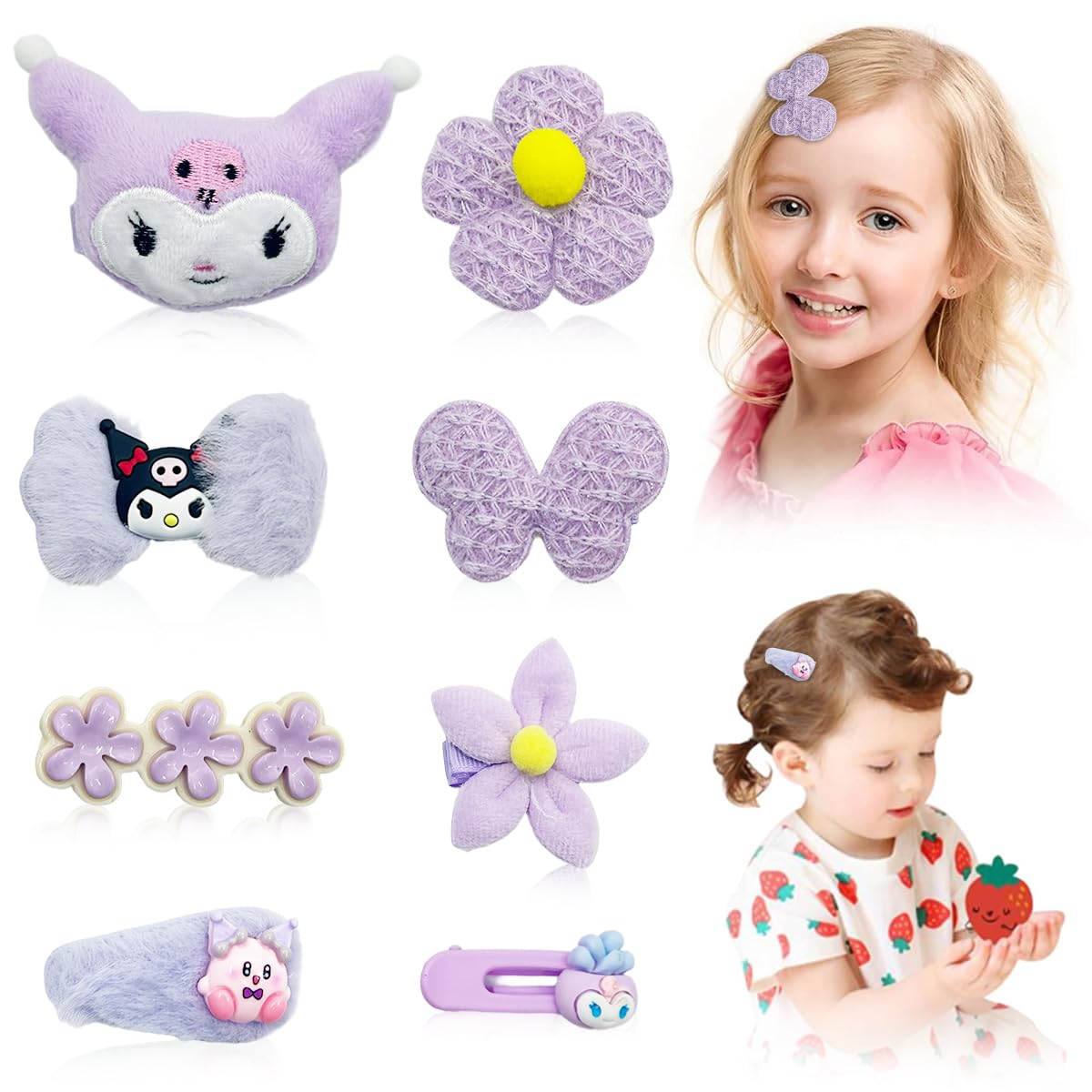 PALAY® 8Pcs Kawaii Hair Clips for Girls Cute Kuromi Hair Barrettes for Girls 8 Designs Kawaii Girls Hair Clips Plush Kuromi Hair Clips Flower Clips for Girls