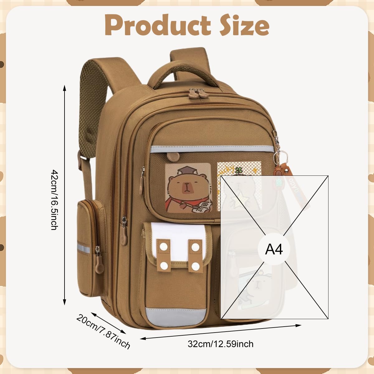 PALAY® Capybara Backpack with 6 Badges & Capybara Post Cards, Cute Bag Charm, Kawaii Multi Compartment School Backpack for Girls
