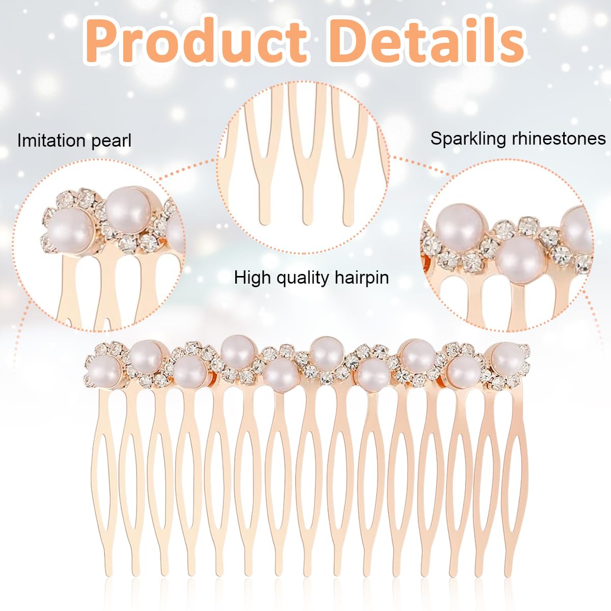 PALAY® 2Pcs Pearl Hair Comb Pins Women Pearl Rhinestone Hair Pin Side Hair Comb Pin Women Rose Golden Alloy Pearl Rhinestone Bridal Hair Accessories Hair Pins