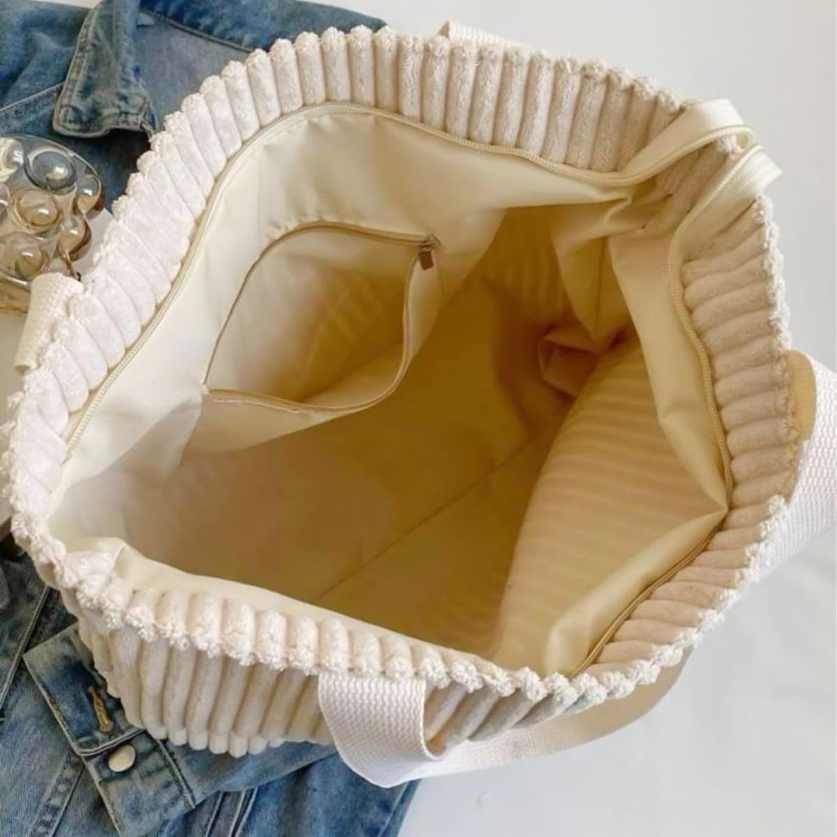 PALAY Corduroy Tote Bag for Everyday Use with Zipper and Nylon Straps 37x10x34cm Beige