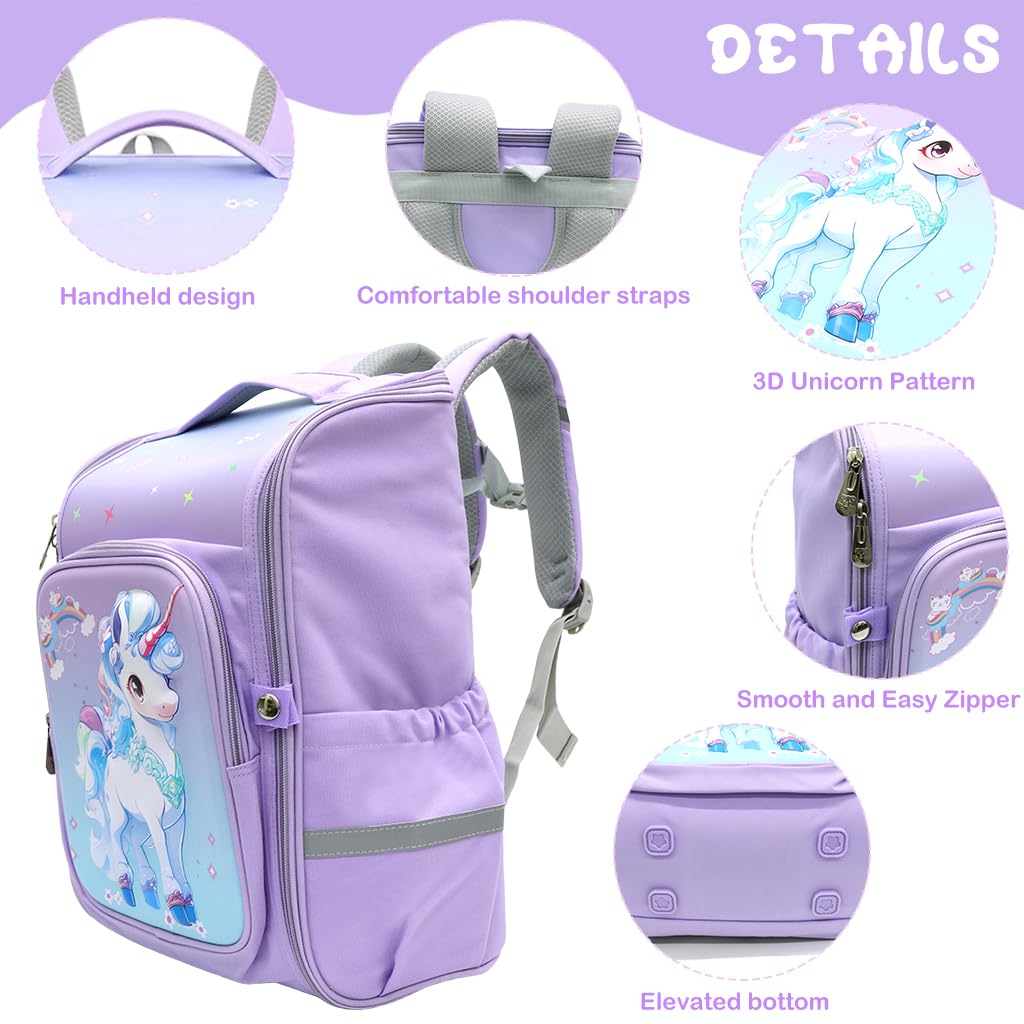 PALAY School Backpack for Girls with Full Opening Zipper and 30x18x40cm Double Layer Design | Purple Unicorn Bag for Students 6–12 Years
