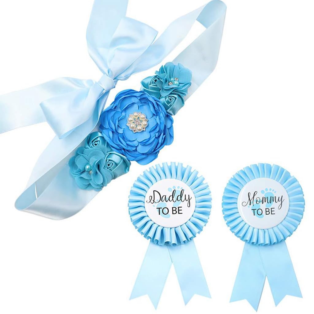 PALAY Mom to Be Flower Sash Set for Baby Shower with 70 in Belt and Blue Chiffon Flowers | Daddy to Be and Mommy to Be Pins