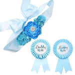 PALAY® Mom to Be Flower Sash Set - Baby Shower Daddy to Be Corsage Pin - Flower Belt for Maternity Dress - Pregnancy Photo Props Supplies-Blue