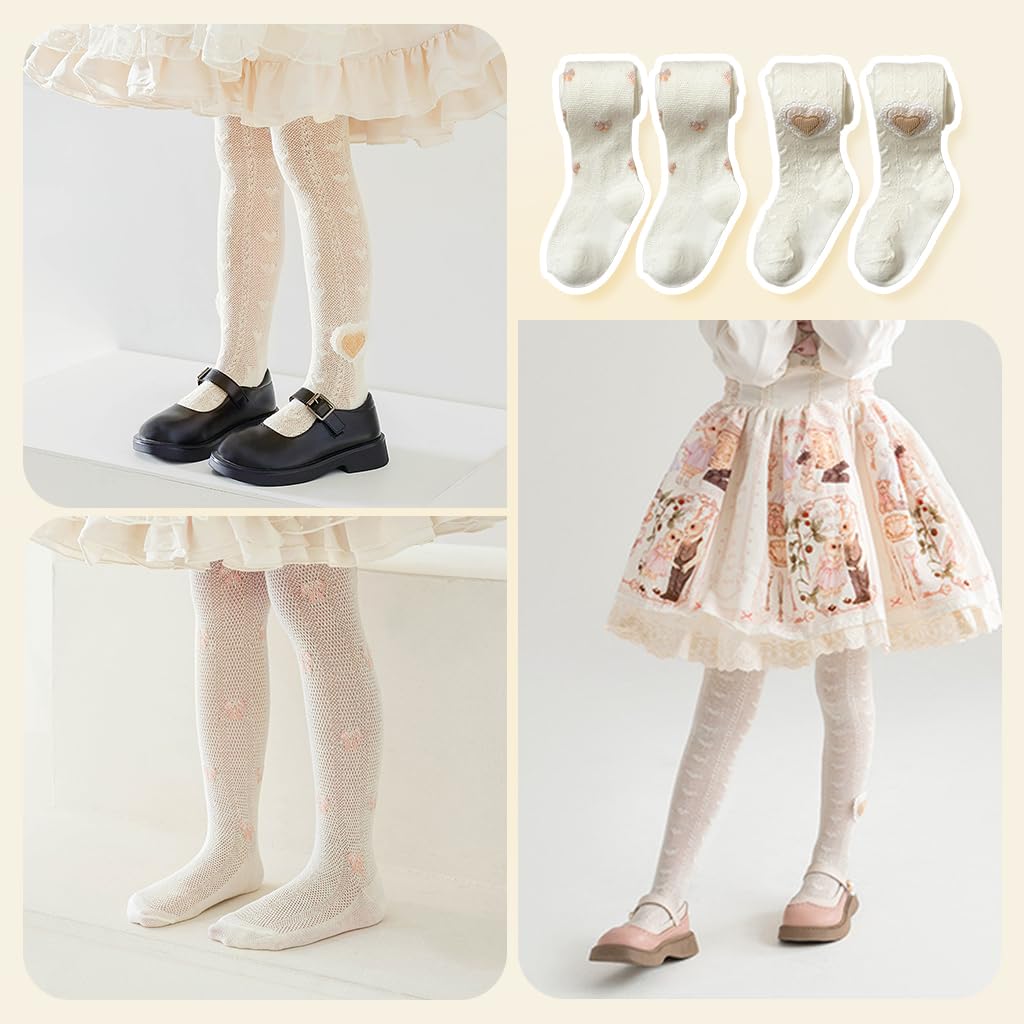 PALAY Cotton Stockings for Girls featuring Heart Jacquard Footed Design 2Pcs 80–95 cm White