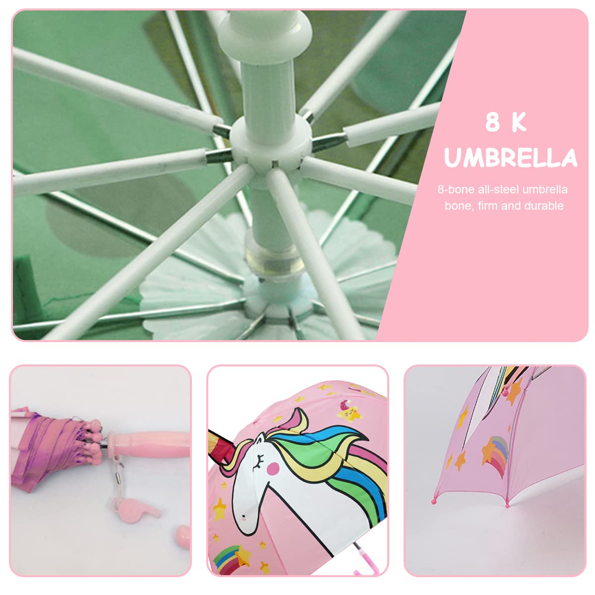 PALAY Kids Unicorn Umbrella for Rainy Days with 29 inch Canopy and 3D Ears Design | 8 Rib Safe Tip Structure