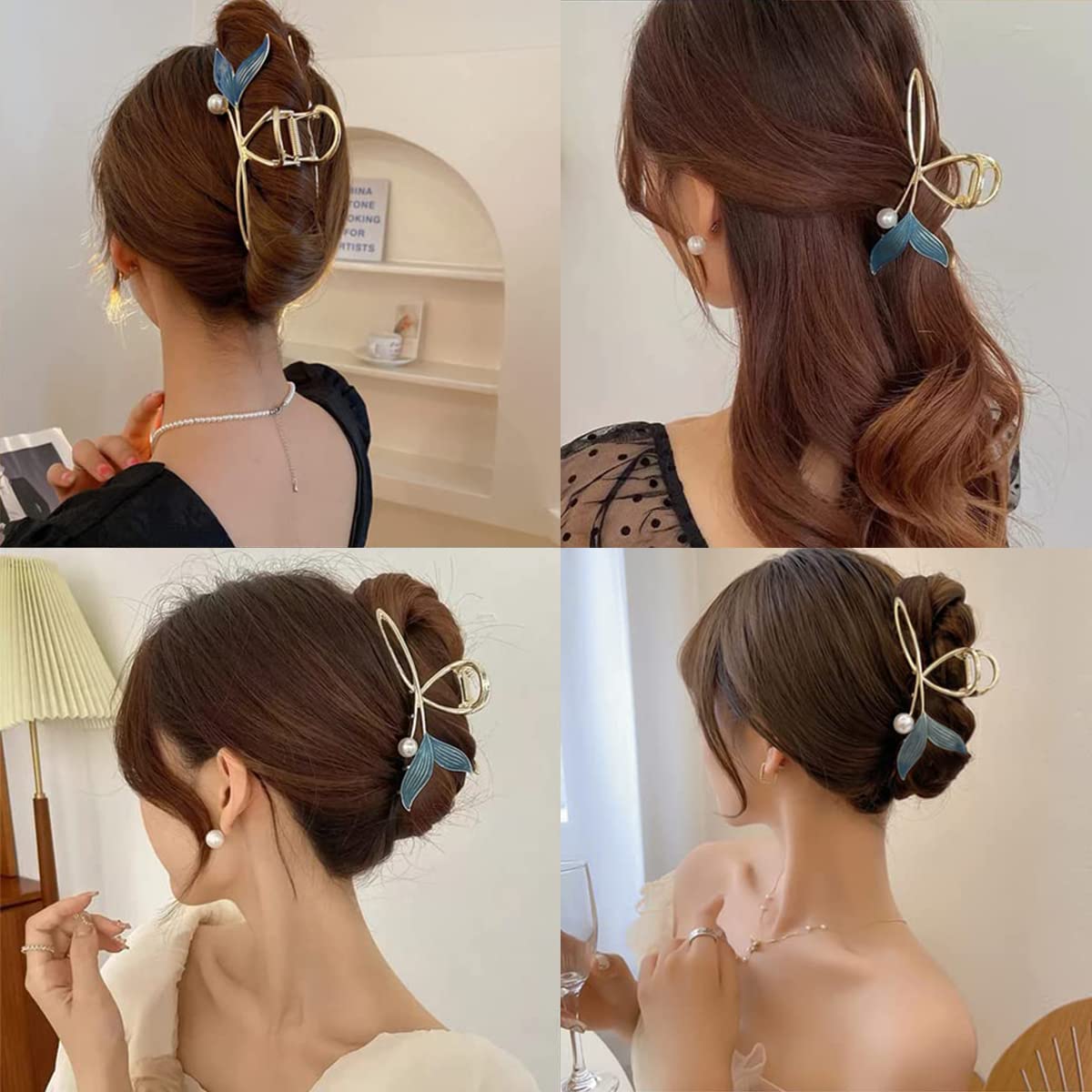 PALAY Hair Claw Clip Combo for Women with Mermaid Pearl and Flower Rhinestone | Elegant Metal Non Slip Clutcher for Updos and Styling