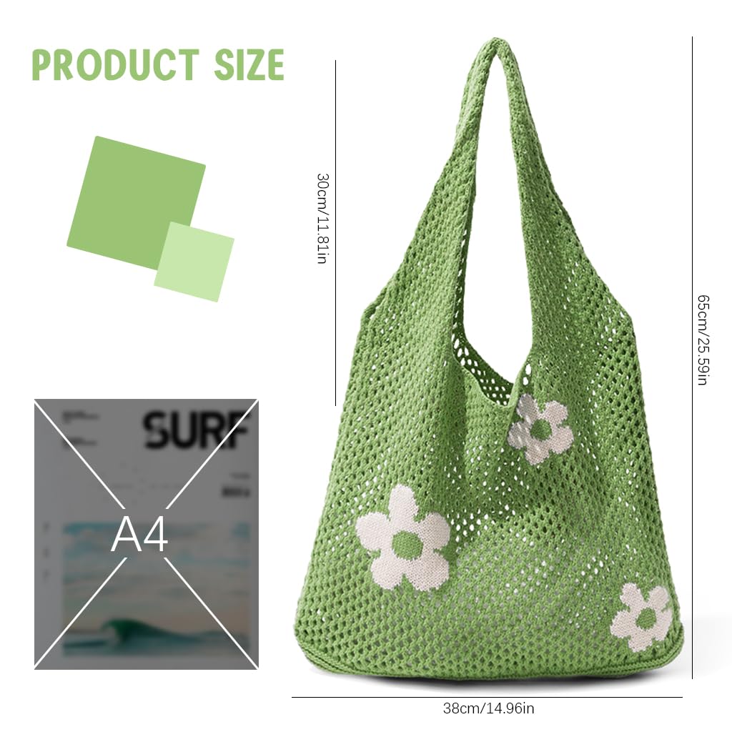 PALAY® Crochet Tote Bag Shoulder Bag Floral Crochet Hand Bag Crochet Hollow Out Bag Casual Crochet Tote Bag, Green