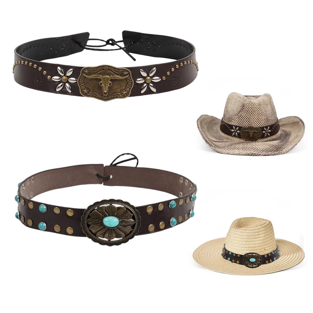 PALAY® 2Pcs Cowboy Hat Bands Vintage Brown Leather Wrap with Rivet Charms Tie Back PU Leather Wrap with Charms Hat Band for Men Women