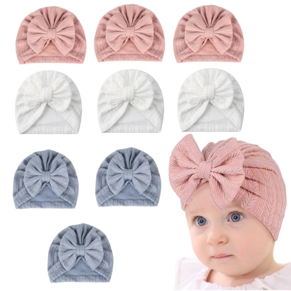 PALAY Baby Cap Set for Newborns featuring Large Bow Design and Soft Stretch Fabric | 9pcs