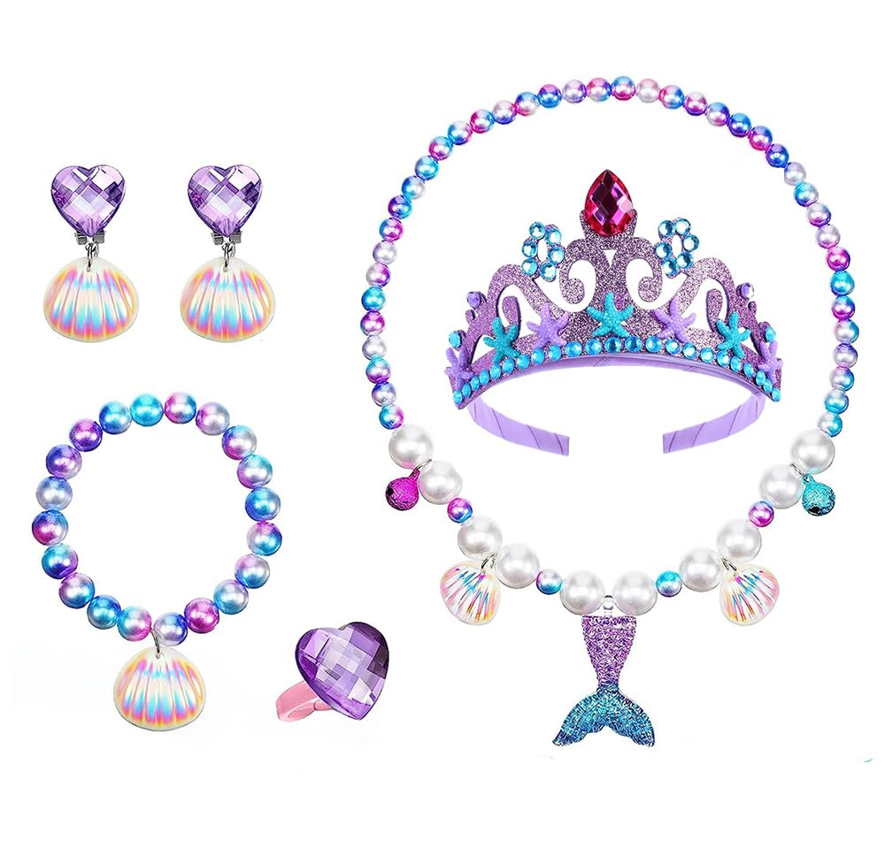 PALAY® Jewellery for Girls Mermaid Princess Crown Necklace Bracelet Earrings and Ring Set, Kids Party Dress up Jewelry Toy Gifts for Girls 4-12 Years Old