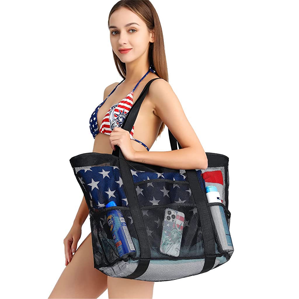 PALAY Beach Tote Bag for Travel and Swimming with Multi Pockets 32×11×32cm Mesh Design | Black