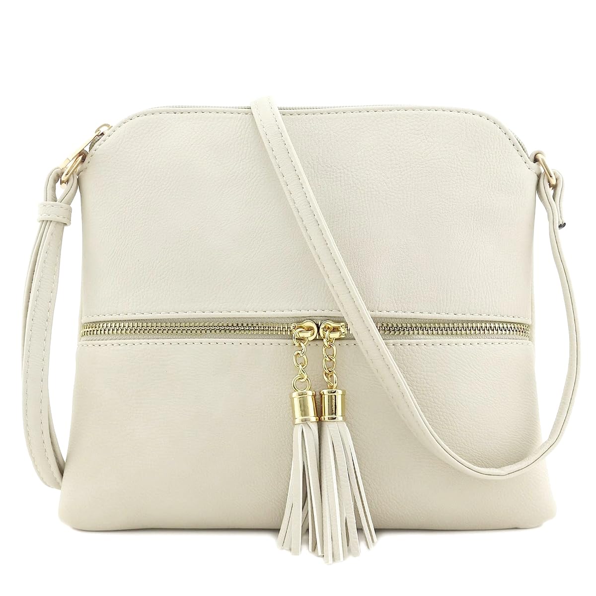 PALAY Leather Crossbody Bag for Women with Dual Tassel Zippers and Adjustable Strap | 24×23 cm Beige PU Shoulder Bag