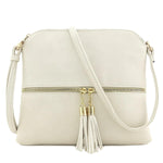 PALAY Leather Crossbody Bag for Women with Dual Tassel Zippers and Adjustable Strap | 24×23 cm Beige PU Shoulder Bag