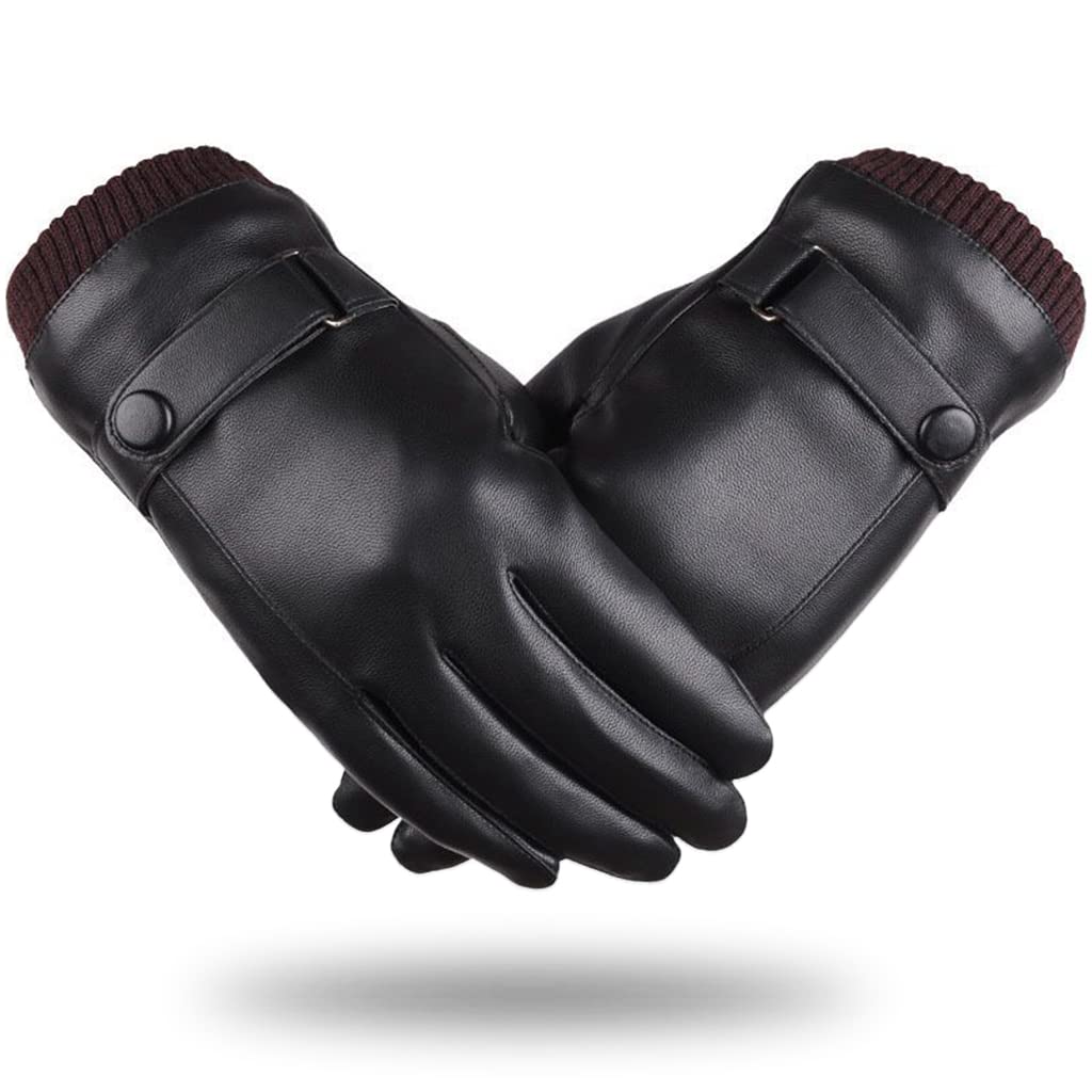 PALAY® Black Winter PU Leather Fleece Warm Lining Gloves for Riding,Touch Screen Fashion Winter Leather Gloves for Men Driving,Style 1