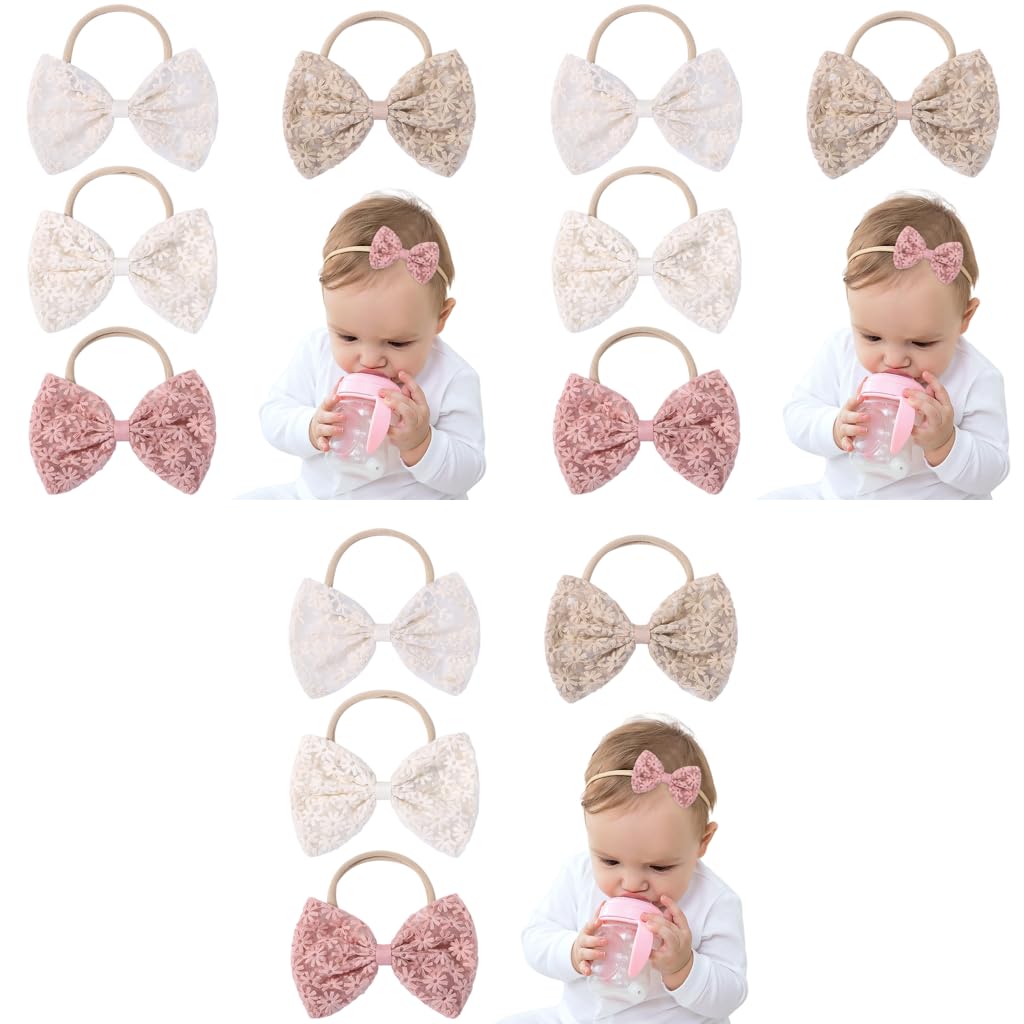 PALAY Hair Bands for Baby Girls with Embroidery Daisy Bows 12PCS Set | Soft Nylon Headbands