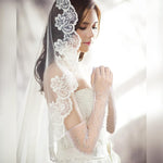 PALAY Wedding Gloves for Bride featuring Elbow Length Lace and Pearls in White Net | Elegant Bridal Accessory