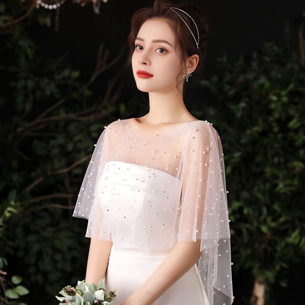 PALAY Pearl Shawl for Women featuring Tulle Lace and Pearls | Elegant White Wrap for Evening Dresses